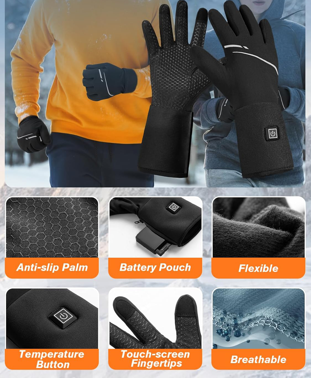 Guantes calentados para deporte exterior en invierno. Unisex, cálidos y perfectos para nieve y frío.
