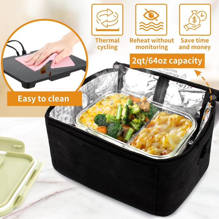 Interior de la caja de almuerzo eléctrica con compartimentos. Almacena y calienta tu comida organizada.