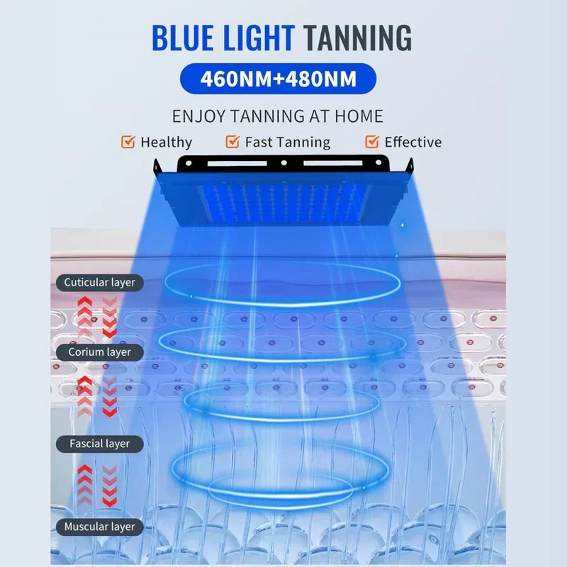 Equipo de bronceado LED corporal y facial. Cuidado de la piel y belleza con lámpara ajustable en casa.