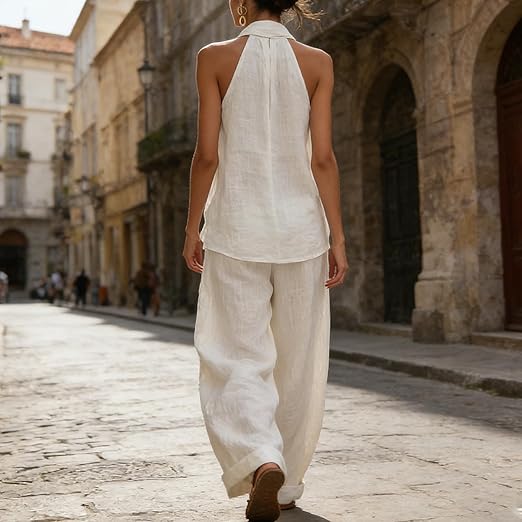 Conjunto bohemio de lino, blusa suelta y pantalón amplio, cómodo y transpirable, moda femenina de verano.