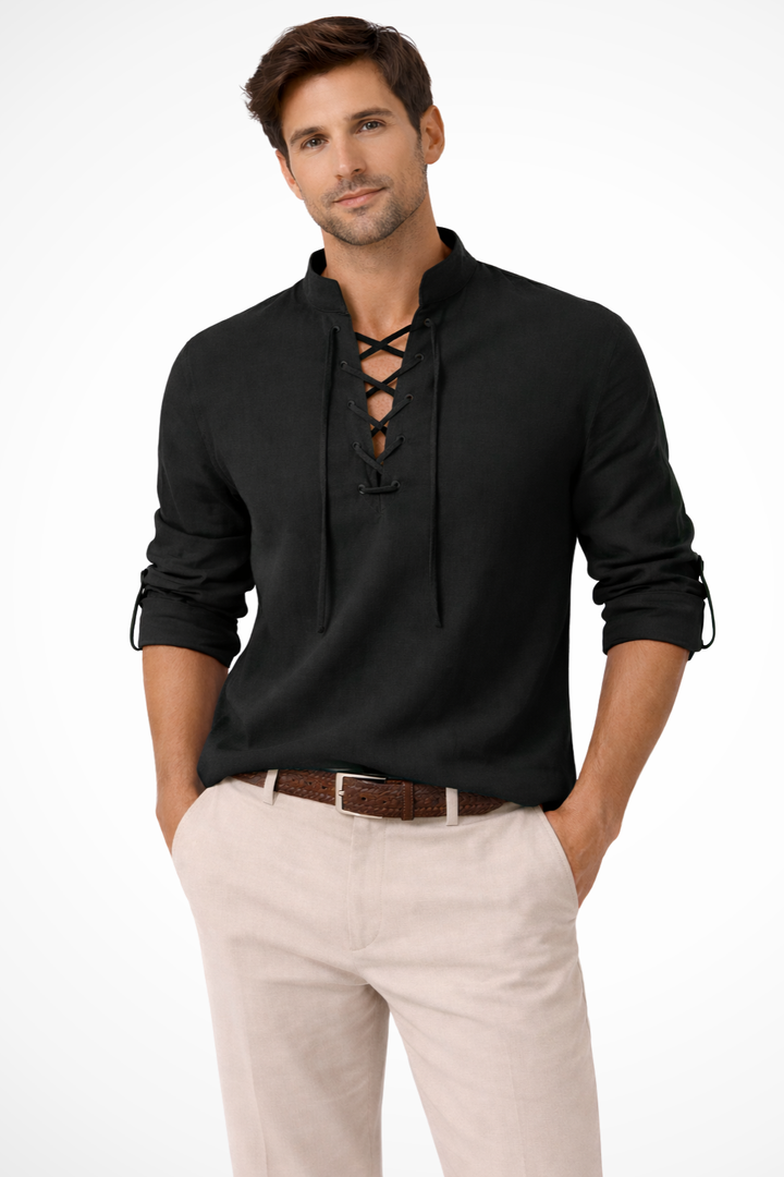 Ropa masculina: camisa casual de hombre con cordones, manga larga, de lino. Estilo relajado y cómodo.
