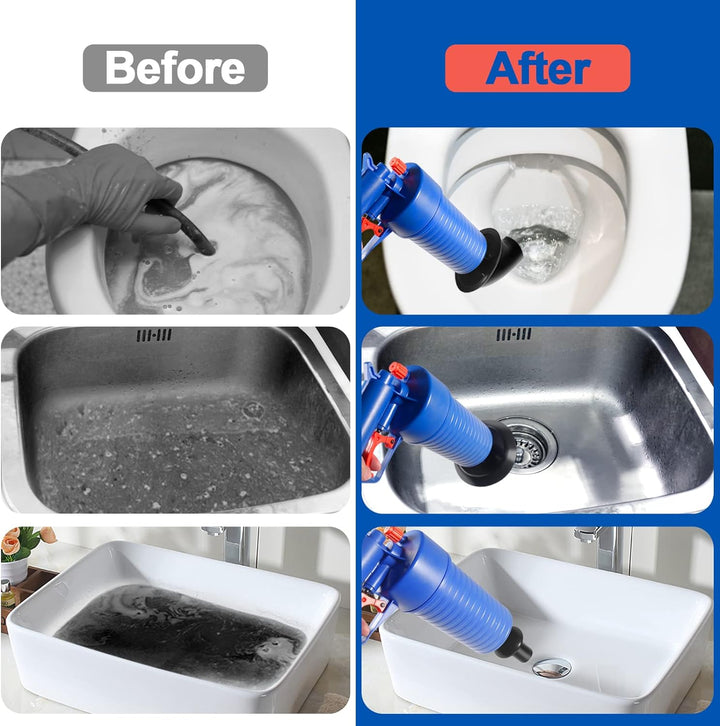Potente desatascador de tuberías con aire a presión, ideal para eliminar obstrucciones en inodoro y fregadero.