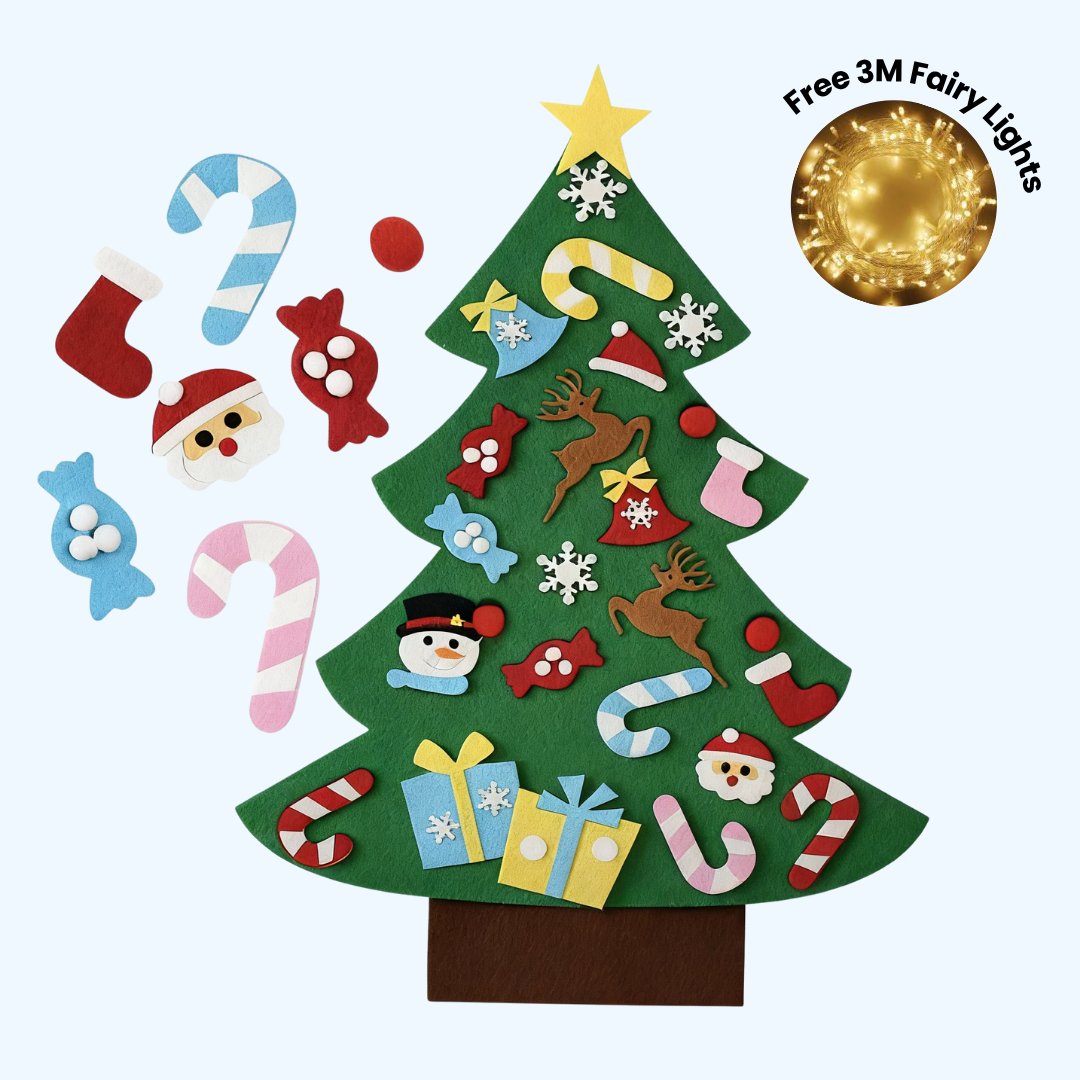Árbol de Navidad Montessori de fieltro, ideal para que niños pequeños jueguen y decoren.