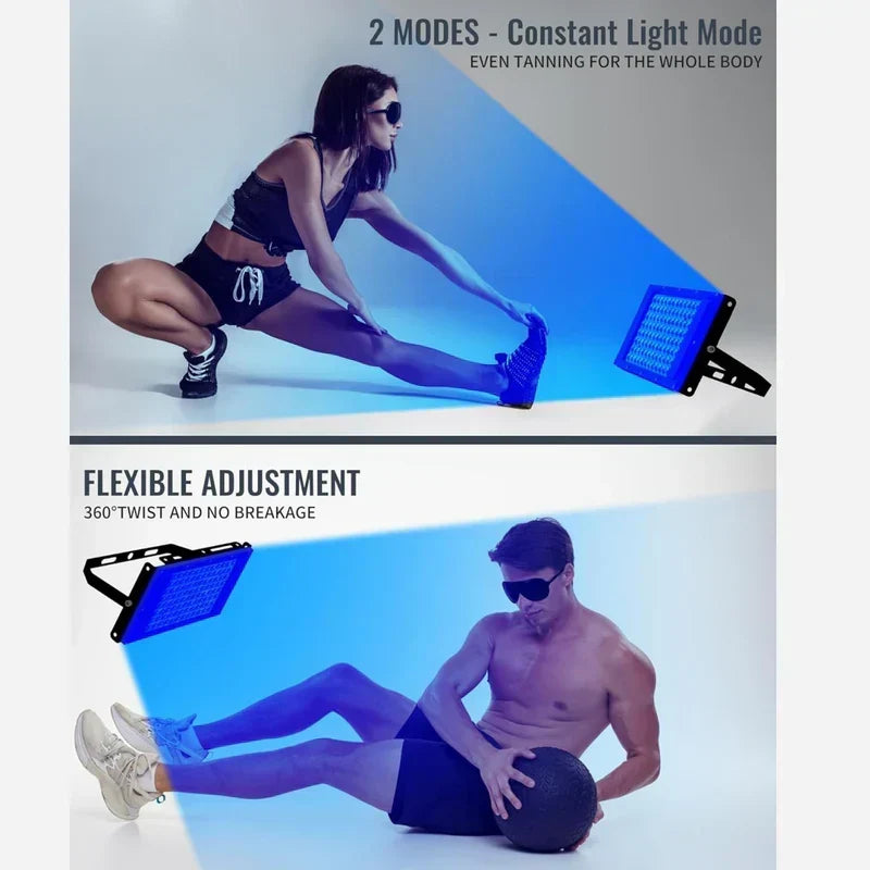 Lámpara de bronceado LED con soporte y ángulo ajustables. Ideal para sesiones de piel en casa.