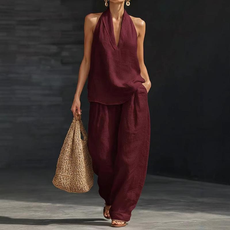 Conjunto de lino para mujer, blusa suelta y pantalón amplio, cómodo y transpirable, ideal para el verano.