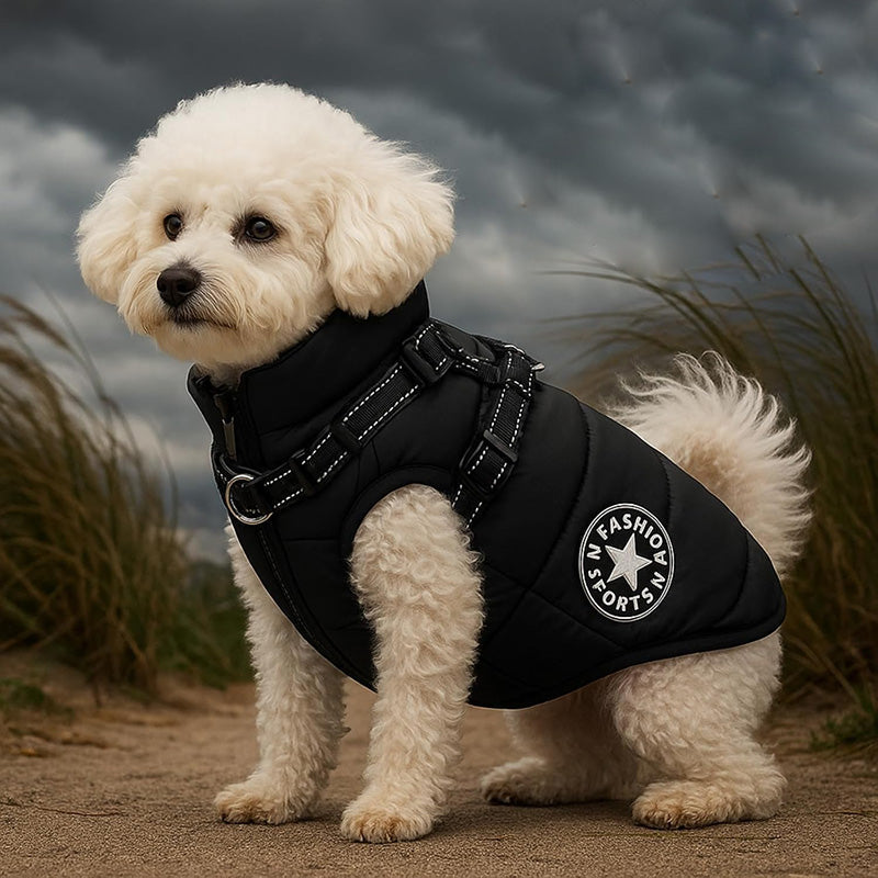 Protege a tu perro del frío con este abrigo de invierno impermeable y cortaviento, con arnés seguro.