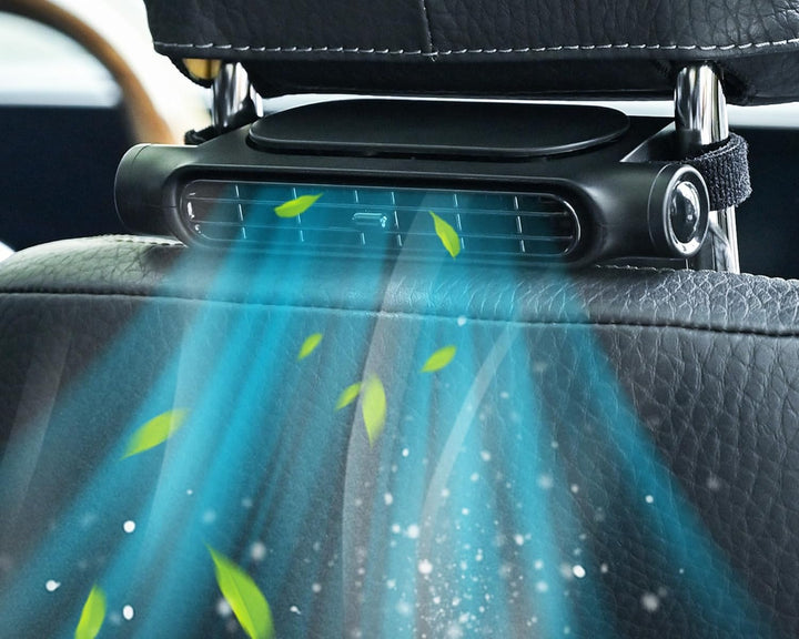 Ventilador de coche USB para refrigeración del habitáculo. Tres velocidades para un viaje cómodo y fresco.