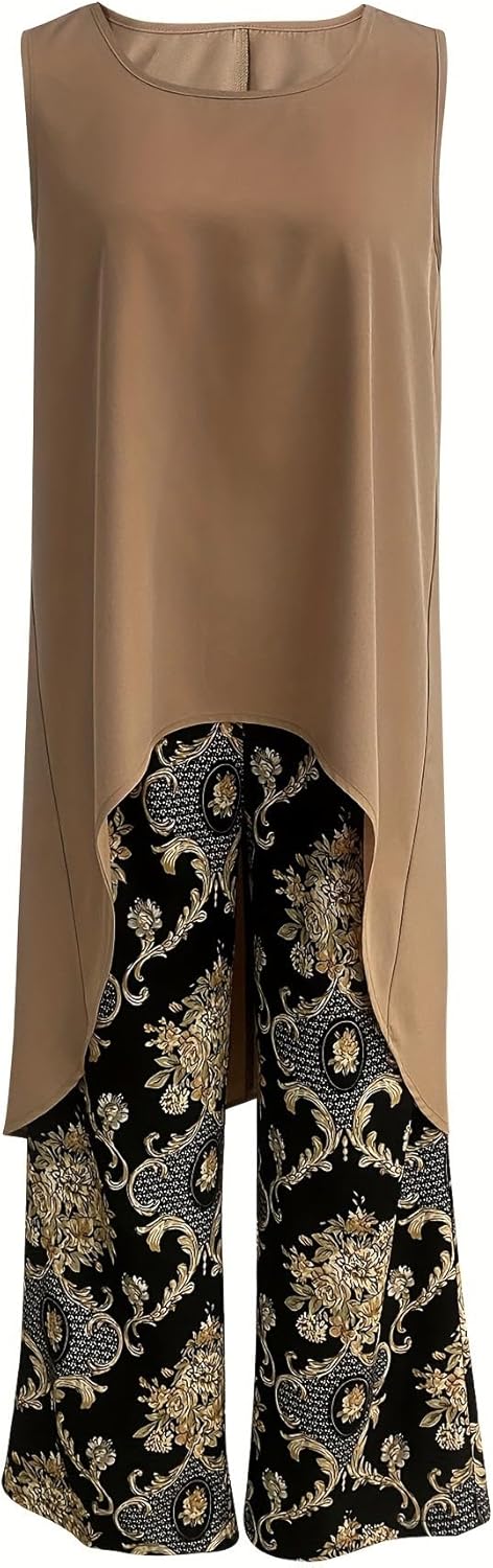 Conjunto casual boho para mujer, en tono marrón. Dos piezas: túnica holgada y pantalón ancho ligero, estampado.