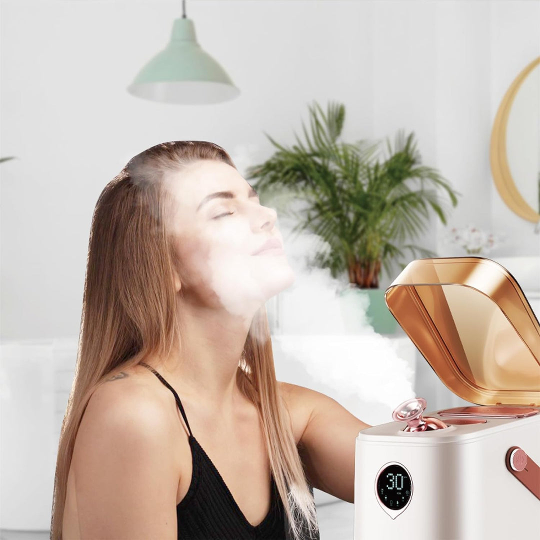Vaporizador facial para spa en casa, promueve la piel radiante y la absorción de productos de cuidado facial.