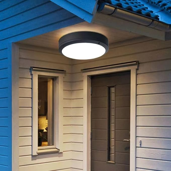 Iluminación LED de techo redonda para porche, terraza o jardín exterior, diseño minimalista.