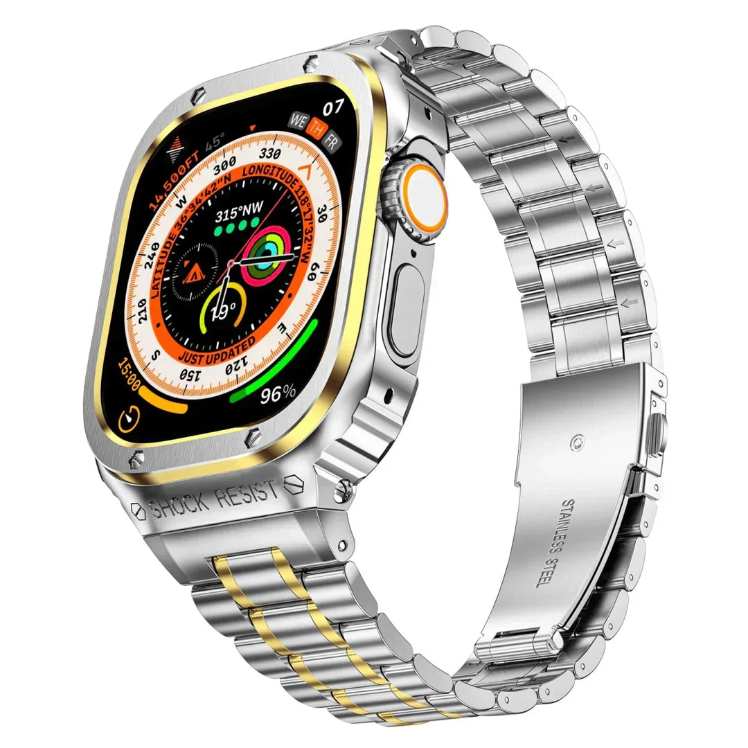 Correa de acero inoxidable y funda protectora unisex para reloj inteligente, duradera.