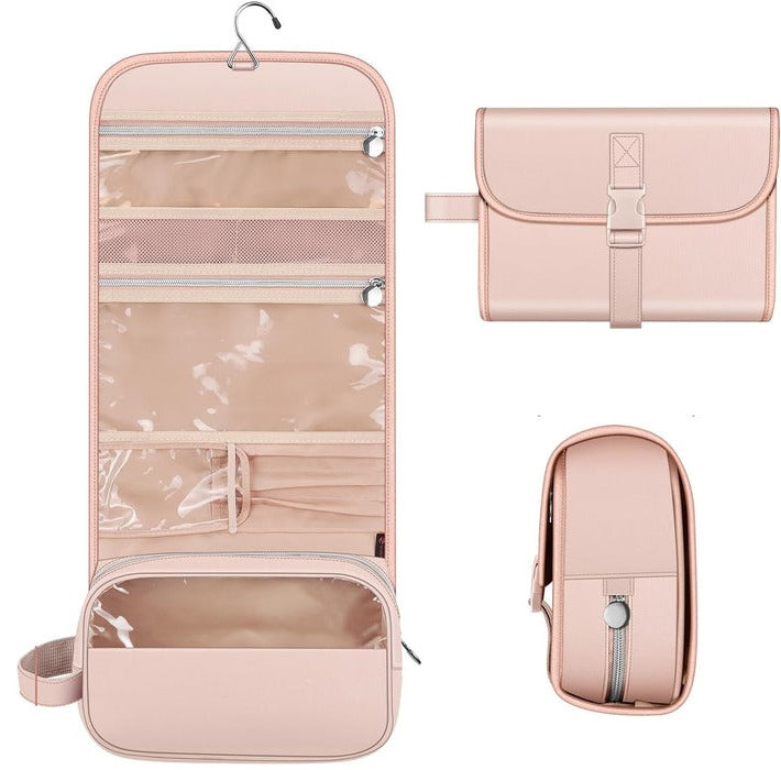 Neceser de viaje colgante de poliéster para maquillaje, optimiza espacio y organiza tus accesorios de belleza.