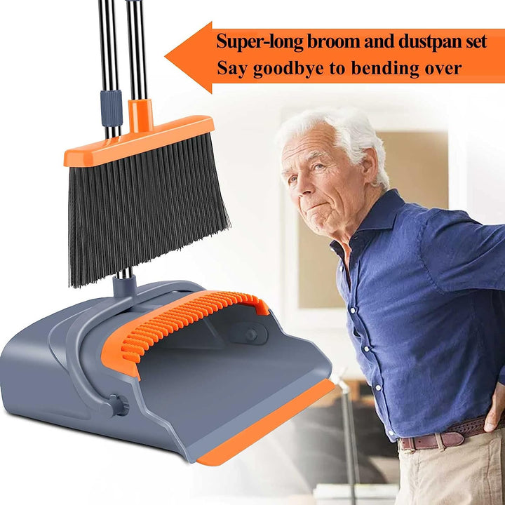 Juego de escoba y recogedor autolimpiante con diseño vertical de ahorro de espacio, ideal para organizar herramientas de limpieza.