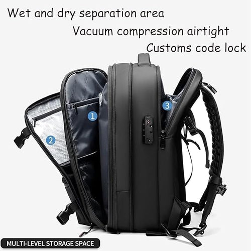 Organización superior en mochila de viaje 60L expandible. Espacio para todo tu equipaje, compresible y práctico.
