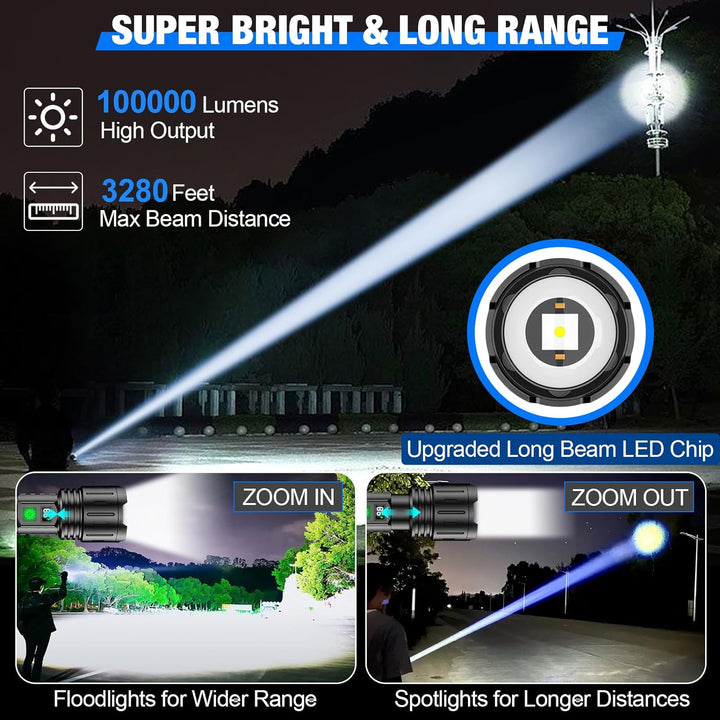 Linterna táctica LED recargable USB-C con 100,000 lúmenes, ideal para exterior, camping y supervivencia.