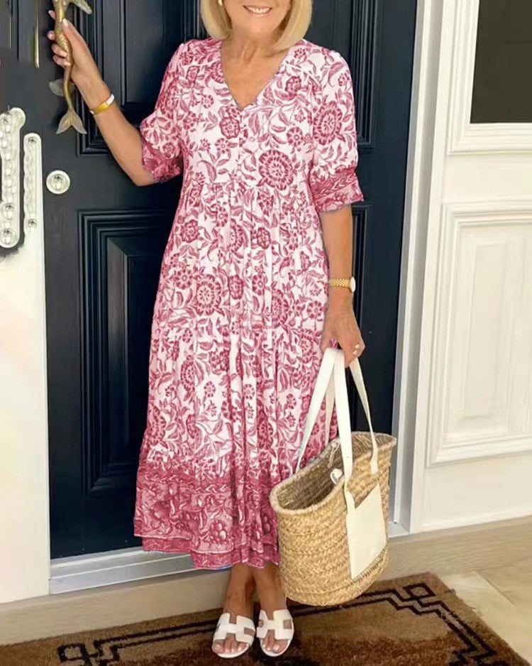 Vestido de fiesta floral para mujer, cuello en V. Elegante, acampanado, ideal para ocasiones especiales.
