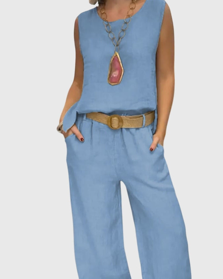 Top bohemio y pantalón ancho fluido de dos piezas para mujer. Estilo chic y cómodo para el verano.