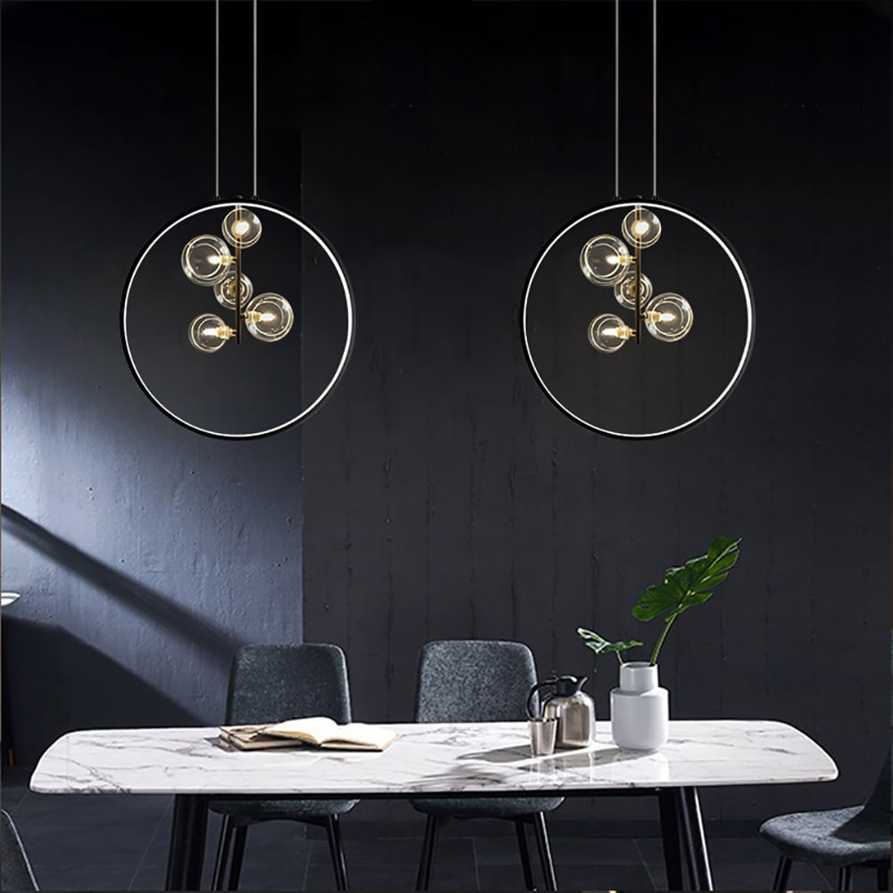 Lámpara LED moderna de vidrio esférico. Colgante ideal para comedor, salón o dormitorio. Iluminación decorativa.