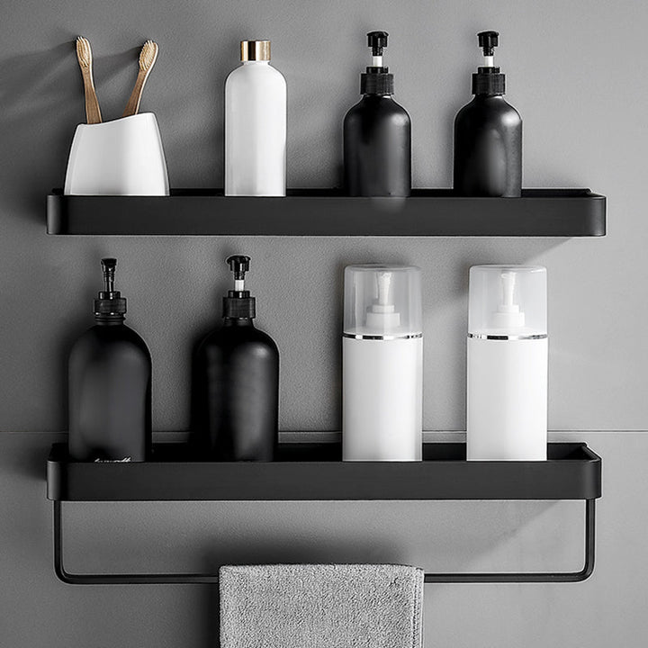 Estante de ducha negro mate resistente al óxido, ideal para almacenamiento.