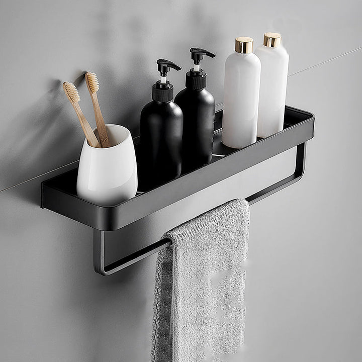 Estante moderno de pared para baño, negro mate y resistente al óxido.