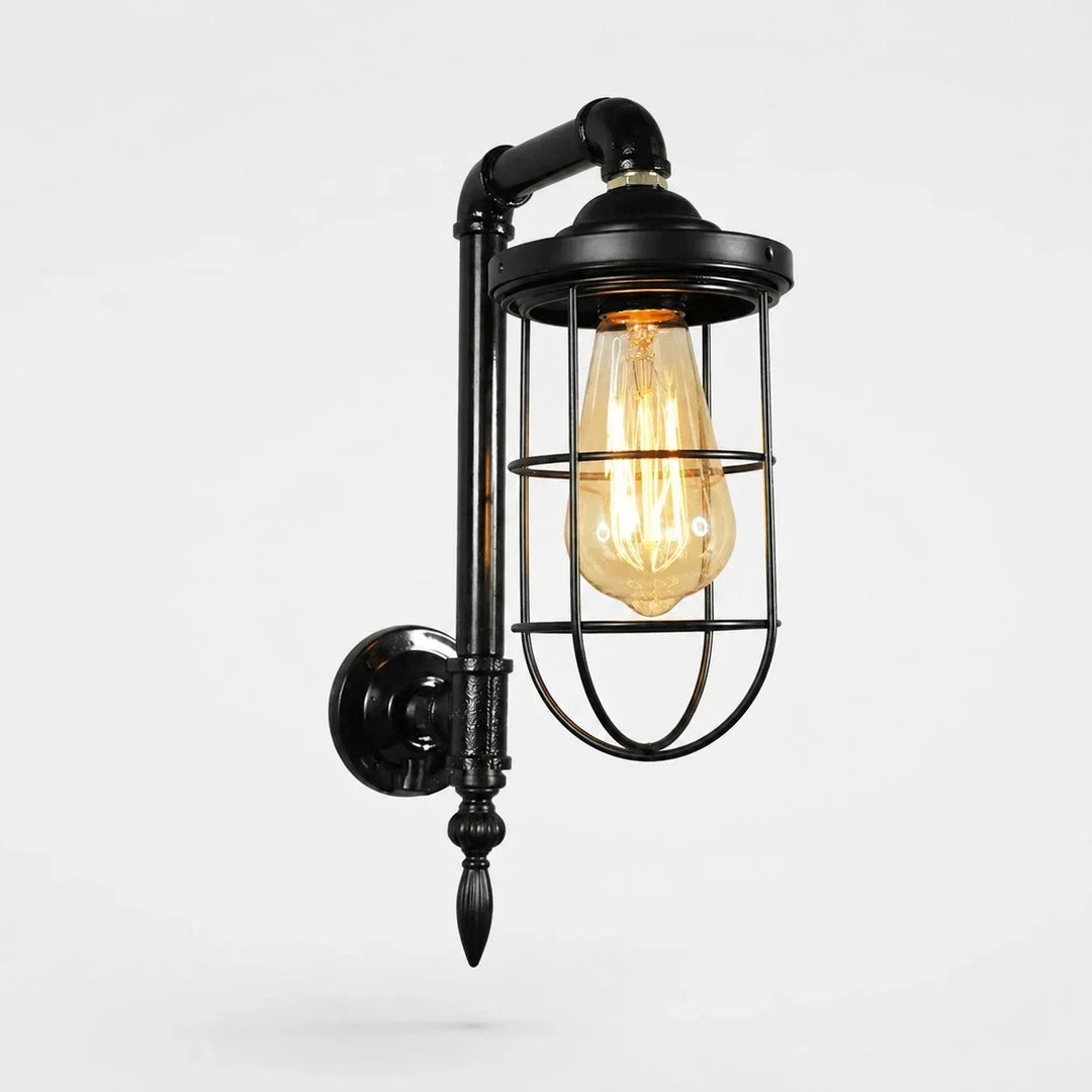 Aplique de pared de metal negro, diseño industrial vintage con jaula, ideal para ambientes rústicos.