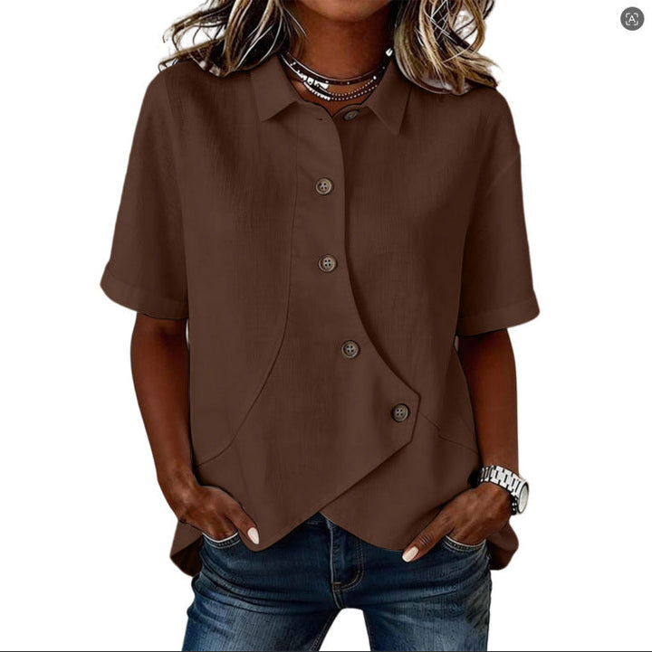 Top de mujer asimétrico con botones. Blusa chic y moderna, perfecta para ropa casual o look de oficina.
