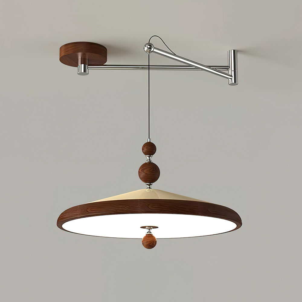 Lámpara colgante LED de brazo oscilante, luz cálida ajustable. Estilo moderno, metal y madera.