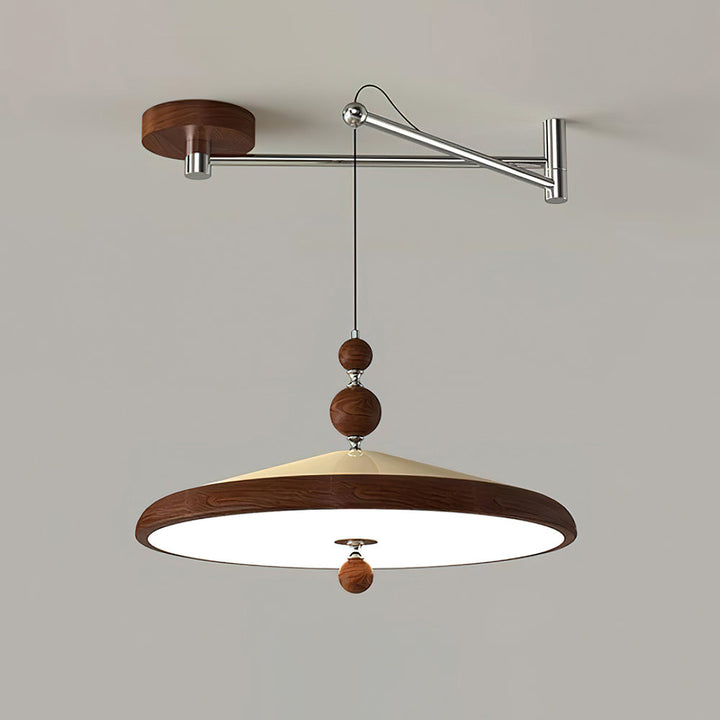 Lámpara colgante LED de brazo oscilante, luz cálida ajustable. Estilo moderno, metal y madera.