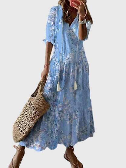 Vestido maxi floral boho para playa, escote V. Estilo veraniego fluido y elegante para mujer.