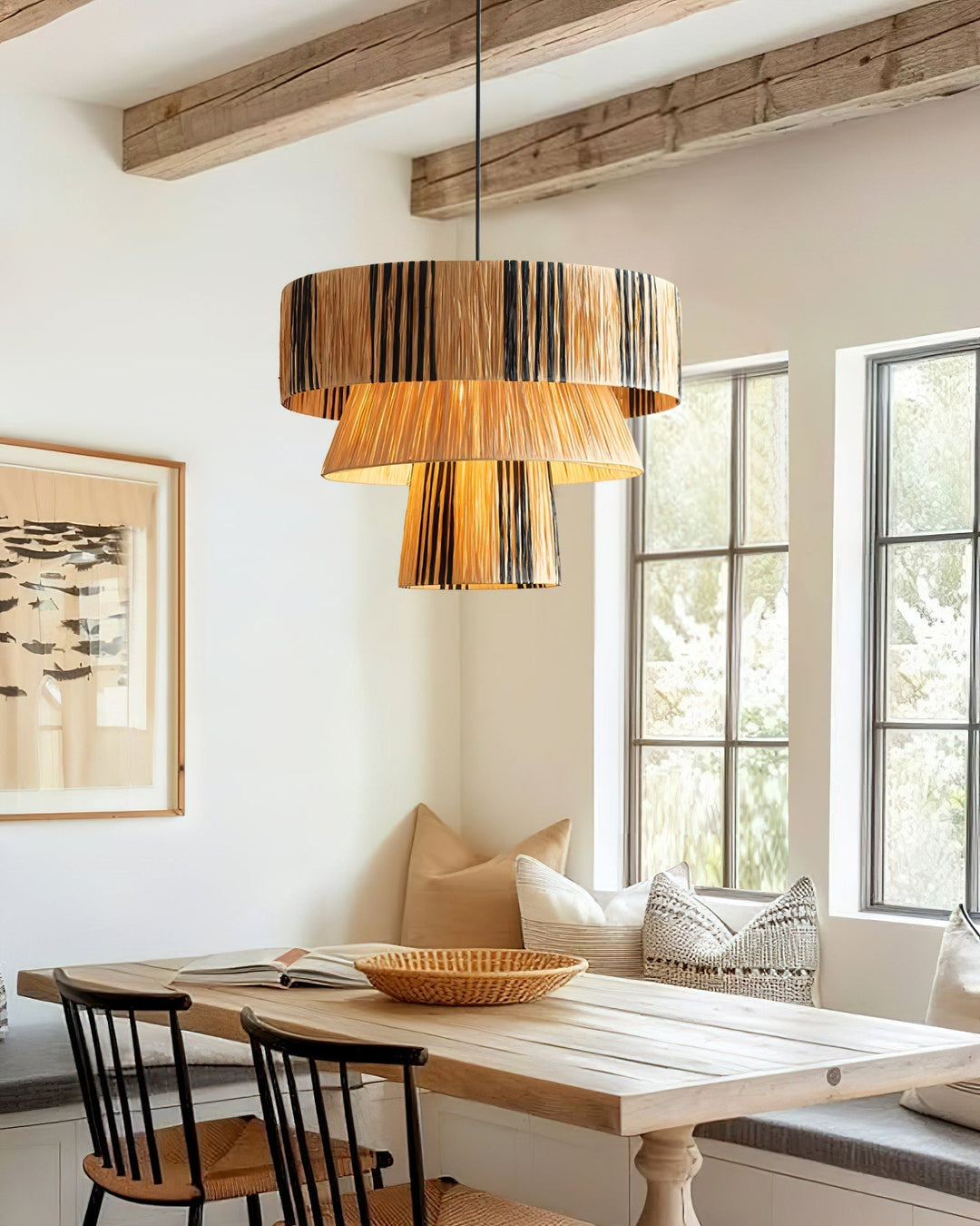 Colgante de techo Hiroshi, rafia tejida artesanalmente, decoración interior moderna.