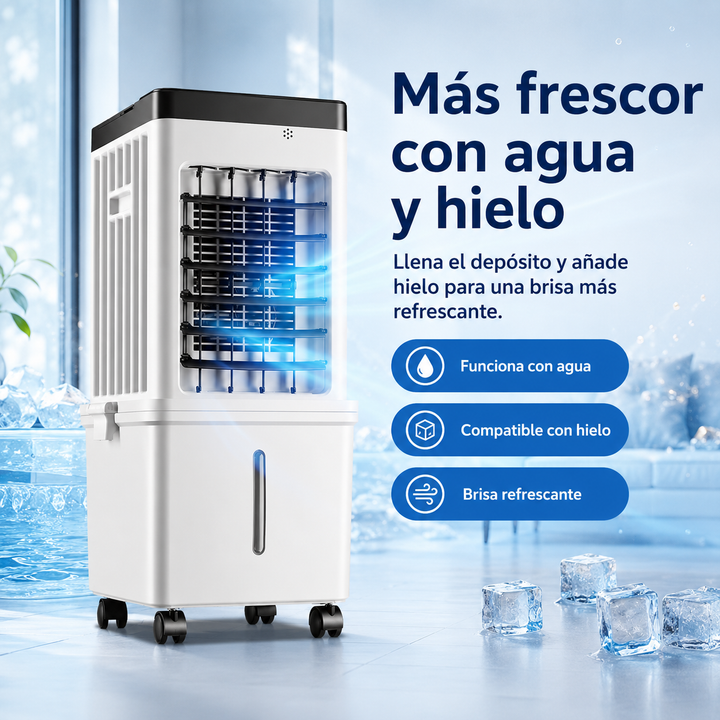 Climatizador portátil 3 en 1 con control remoto, ideal para verano fresco en hogar u oficina sin instalación.