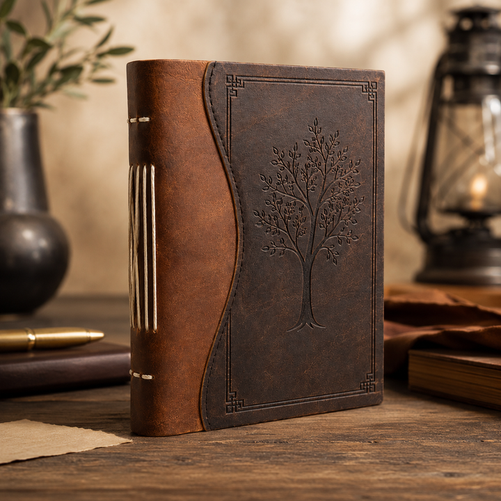 Cuaderno de cuero sintético vintage grabado con elegante árbol. Ideal para escritura, diario y papelería artesanal.