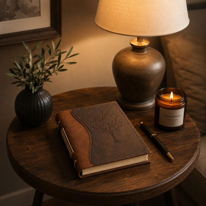 Diario de escritura vintage con cubierta de cuero sintético grabada con árbol. Perfecto para notas y papelería.