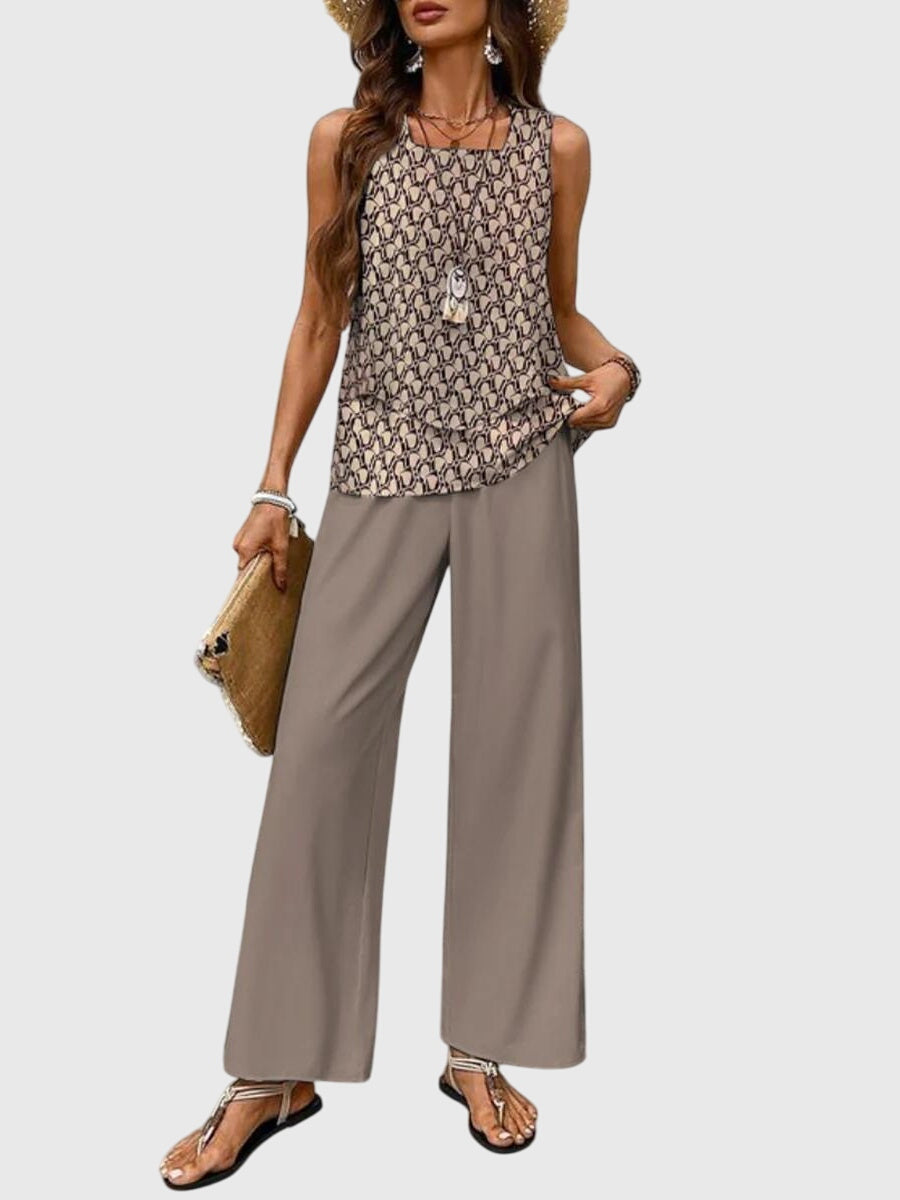 Conjunto de verano floral para mujer, con estampado vibrante. Dos piezas de estilo fresco y cuello cuadrado.