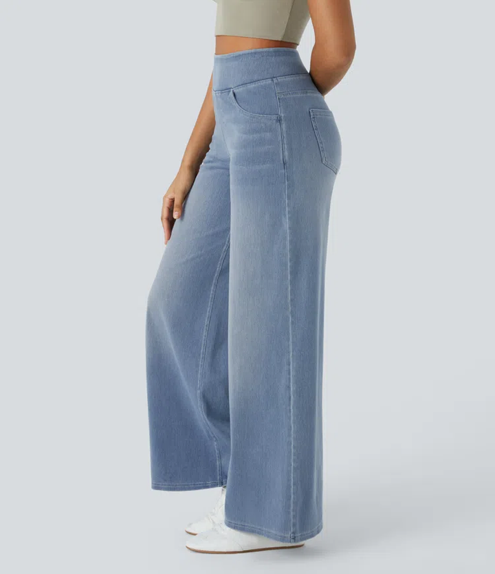 Pantalón jean mujer moderno, talle alto elástico, pierna ancha que define silueta. Tendencia actual.