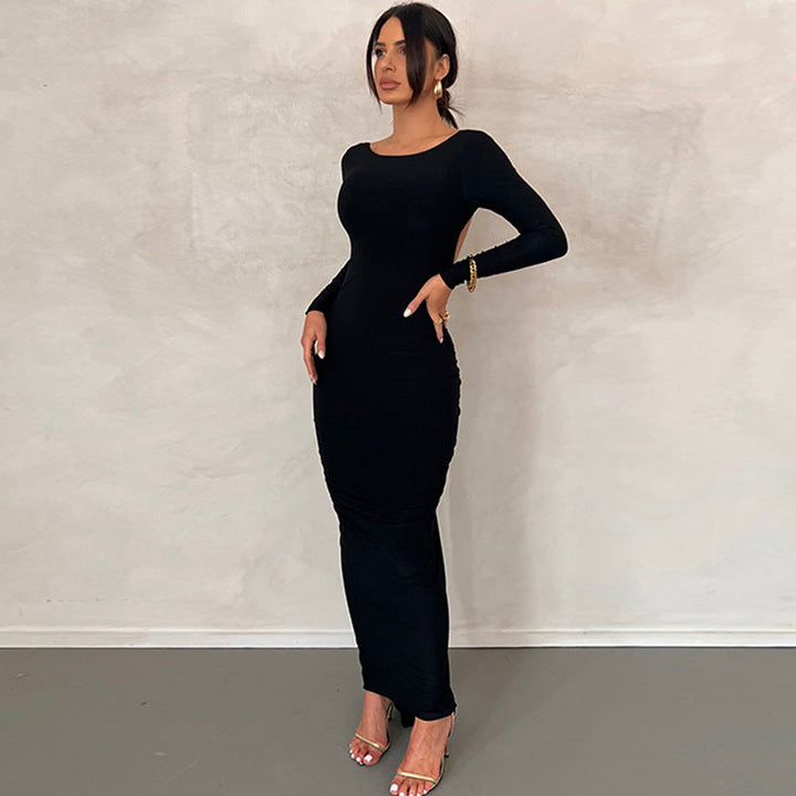 Vestido formal para invitadas de boda, estilo primavera. Diseño elegante con escote de espalda y manga larga.