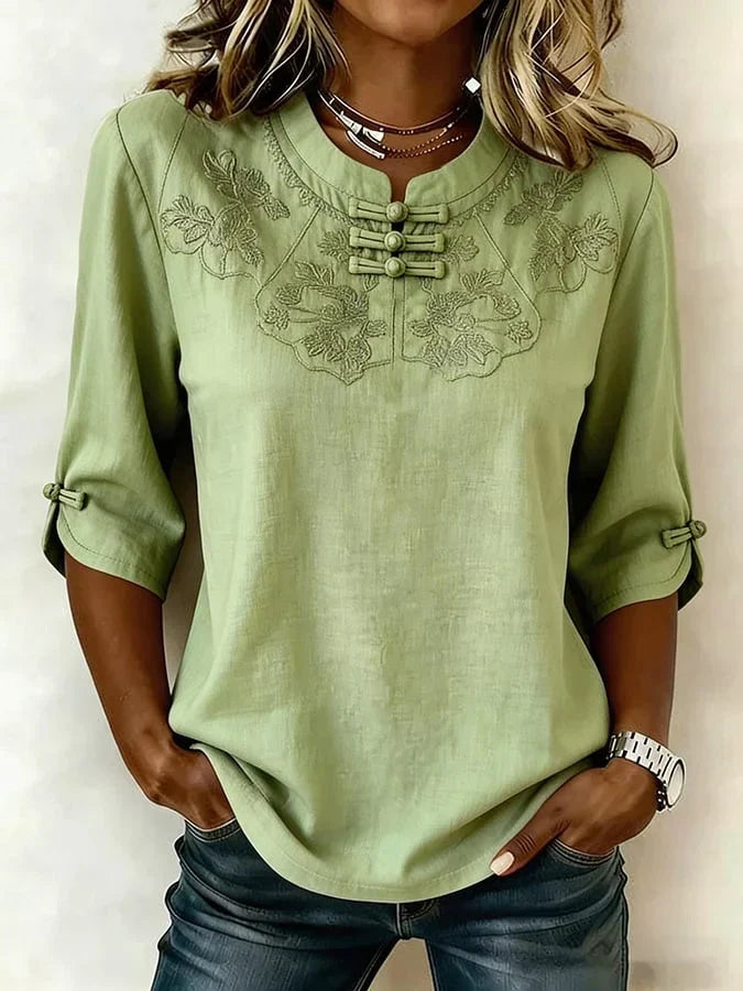 Blusa Noelia de mujer en algodón y lino, con estampado floral, ideal para primavera-verano, fresca y cómoda.