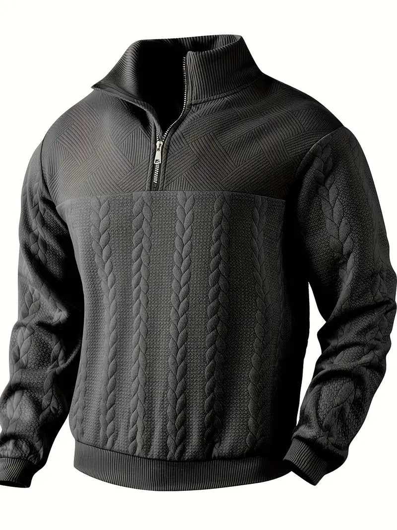 Suéter de hombre trenzado con media cremallera. Ropa de invierno casual, elegante y confortable para él.