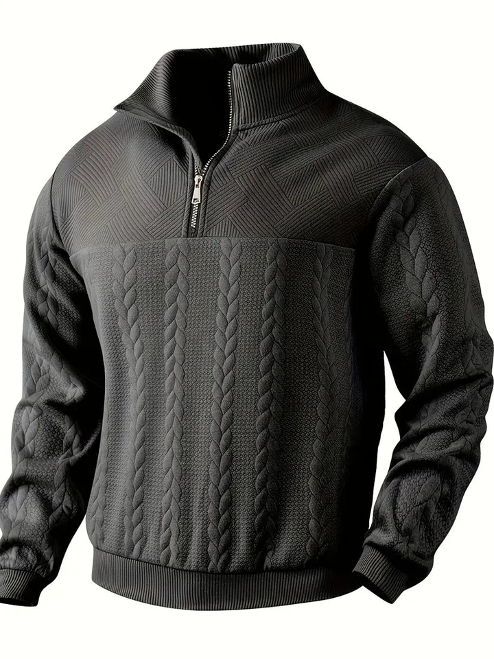 Suéter de hombre trenzado con media cremallera. Ropa de invierno casual, elegante y confortable para él.