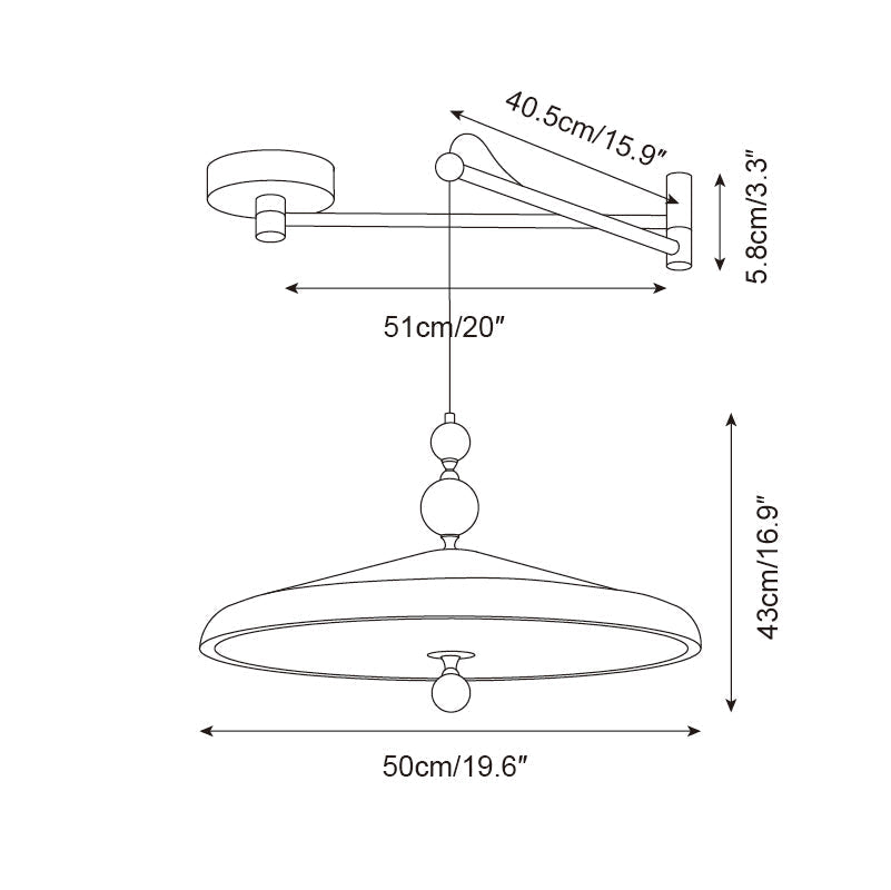 Lámpara colgante LED de metal negro y acrílico, con brazo oscilante de nogal.