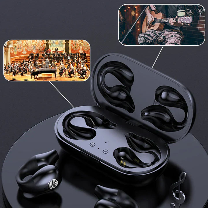 Auriculares Bluetooth con clip para oreja, ofreciendo confort y sonido estéreo inmersivo.