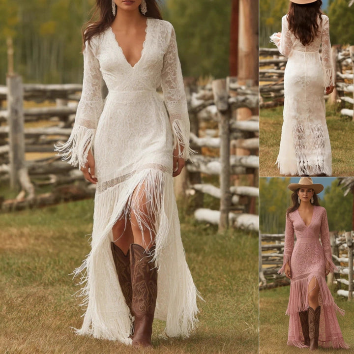 Vestido largo de encaje boho para mujer, ideal para invitada de boda, estilo elegante con flecos.