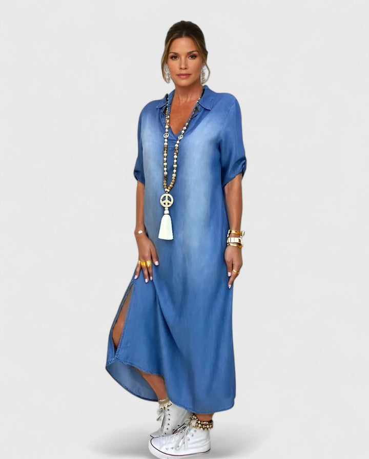 Vestido maxi denim azul para mujer, estilo suelto y cómodo, perfecto para moda casual de verano y primavera.