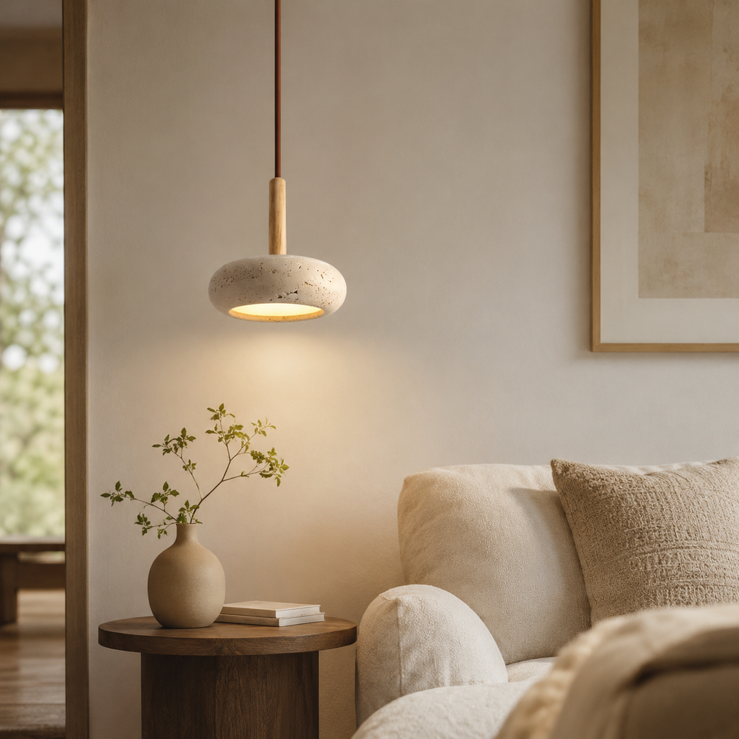 Iluminación colgante LED Ø 15cm, con toques japoneses, piedra y madera, para crear un ambiente zen moderno.