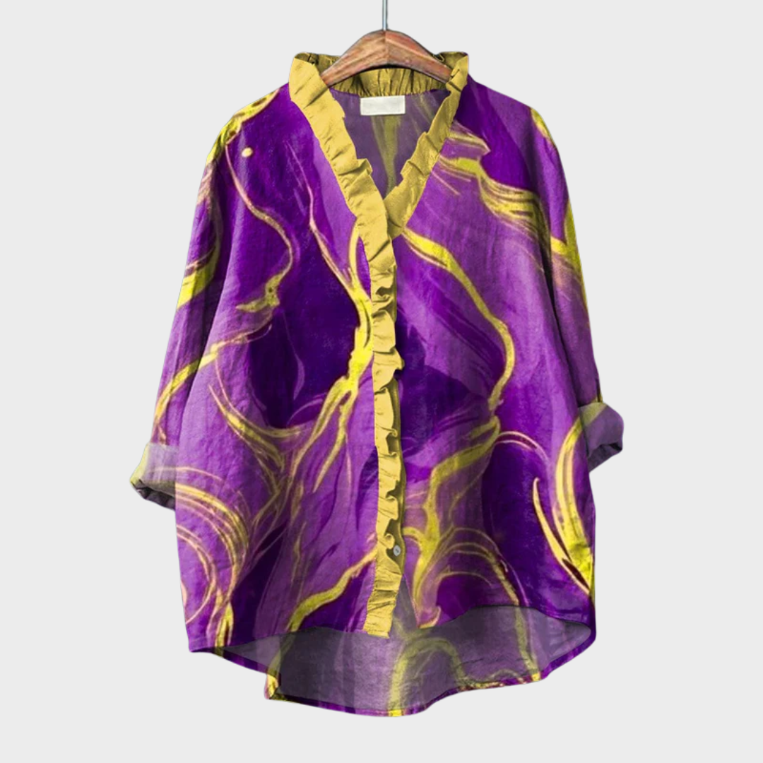 Blusa elegante de verano para mujer con estampado floral amarillo y púrpura. Ligera, transpirable, moda casual.