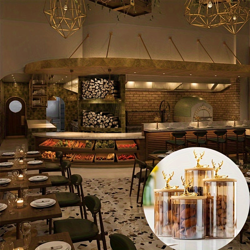 Contenedores de cristal ámbar decorativos con tapas doradas, perfectos para almacenar y embellecer.
