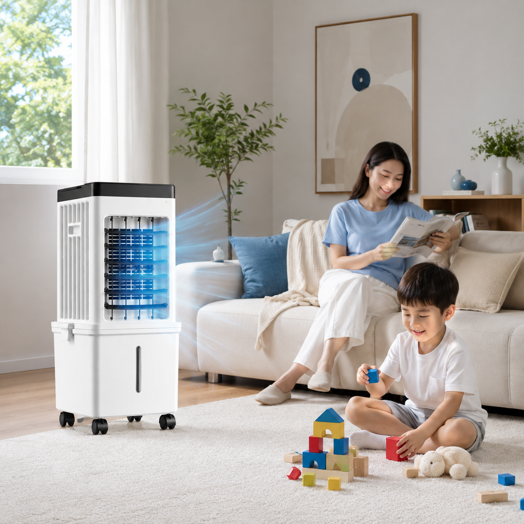 Aire acondicionado portátil 3 en 1: enfría, ventila, humidifica. Incluye purificador y control remoto. Ideal oficina.