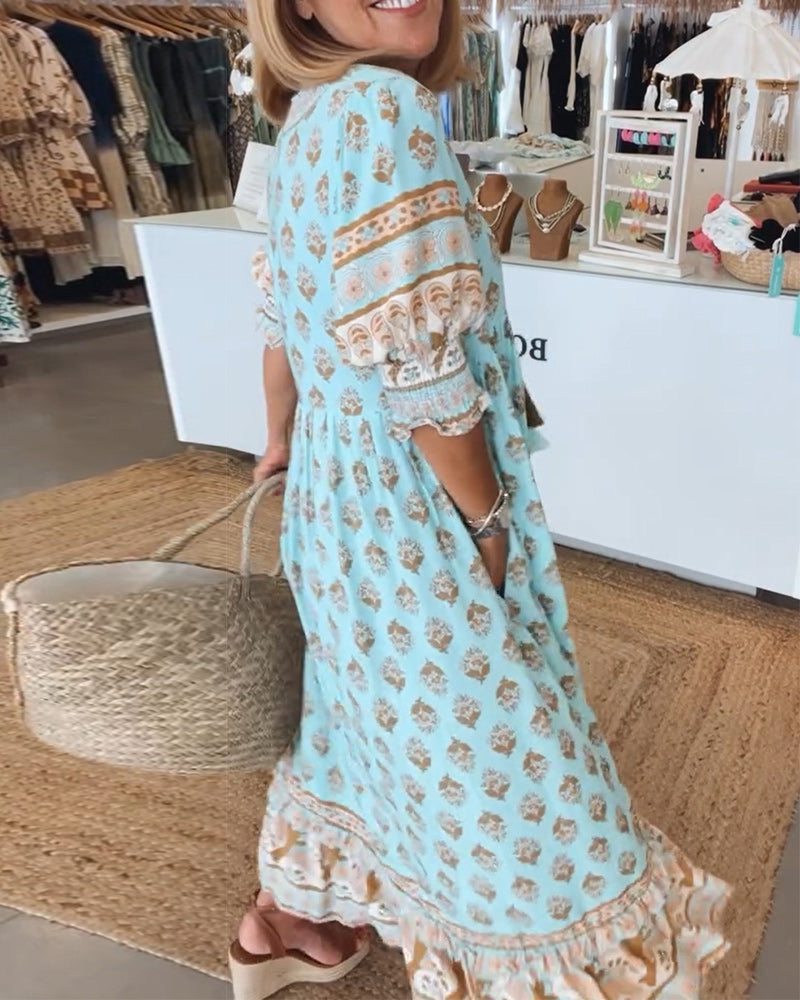 Vestido largo fluido con escote en V y capas, estilo bohemio para mujer. Perfecto para primavera/verano.