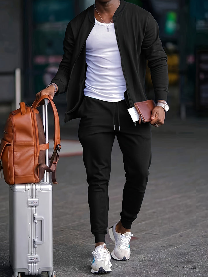 Conjunto cómodo de dos piezas para hombre. Ropa casual de algodón y poliéster, ideal para relax y viaje.