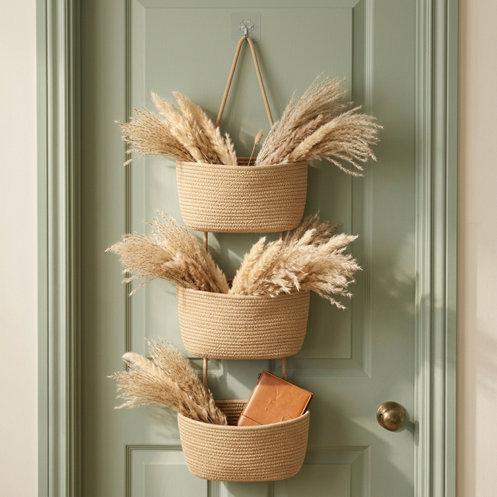 Cesta organizadora colgante de algodón de 3 niveles. Ideal para decoración boho y orden en el hogar.